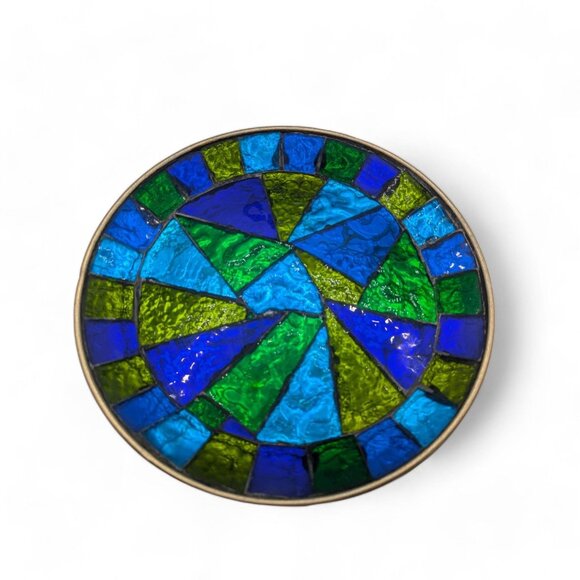 Vtg MCM SIGNED Jon Matin 12" Round Stained Foil Glass Tray/Platter Plate 1950's - Picture 7 of 12